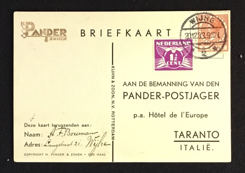 NETHERLANDS 1933 SPEC CARD TARANTO =PANDER -POSTJAGER= MOTOR BROKEN = @1