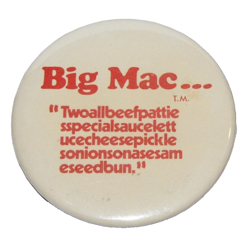Vintage McDonalds Big Mac Recipe Pinback Button~ 2.25" Diameter
