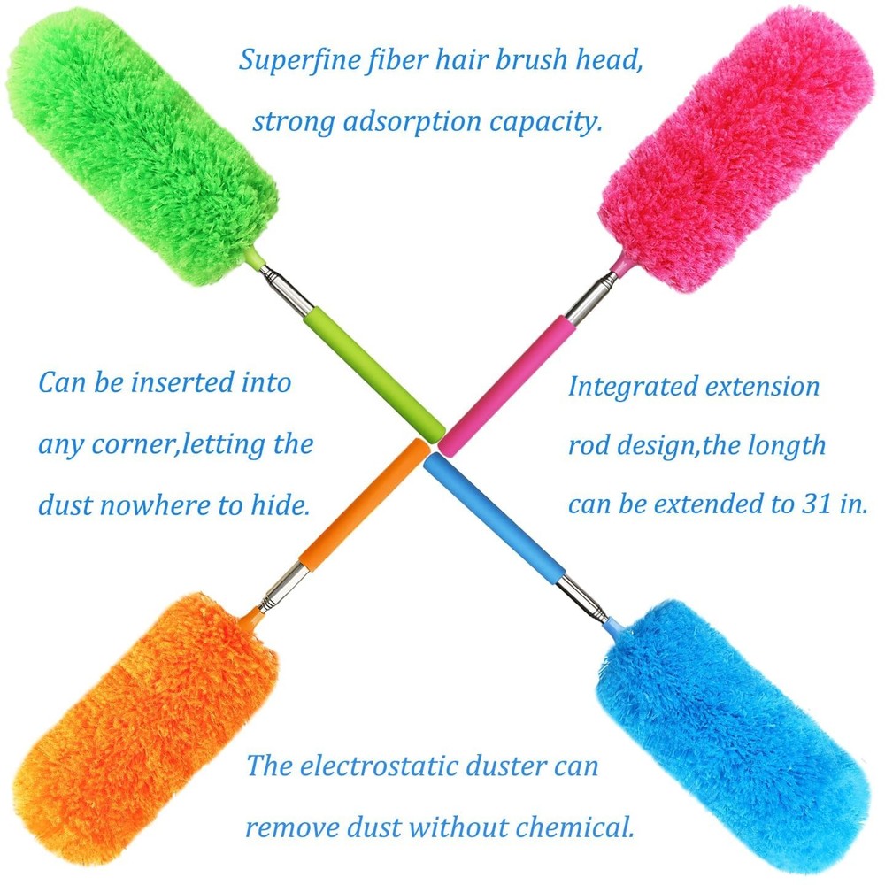 4 Pcs Washable Microfiber Feather Duster Extendable Pole Bendable Head Cleaning