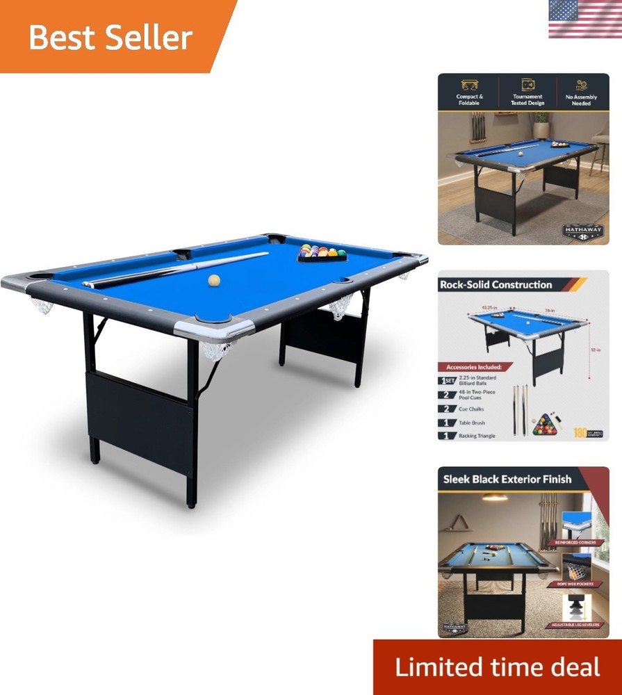 Family-Friendly 6 Ft Folding Pool Table with Blue Felt - No Assembly Required