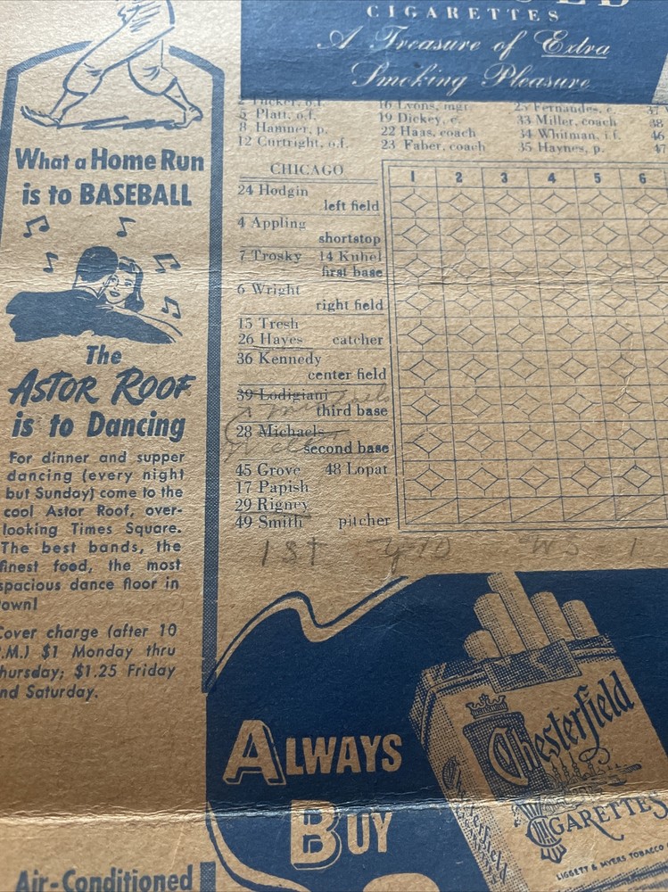 1946 NEW YORK YANKEES Program / Vs Chicago score card