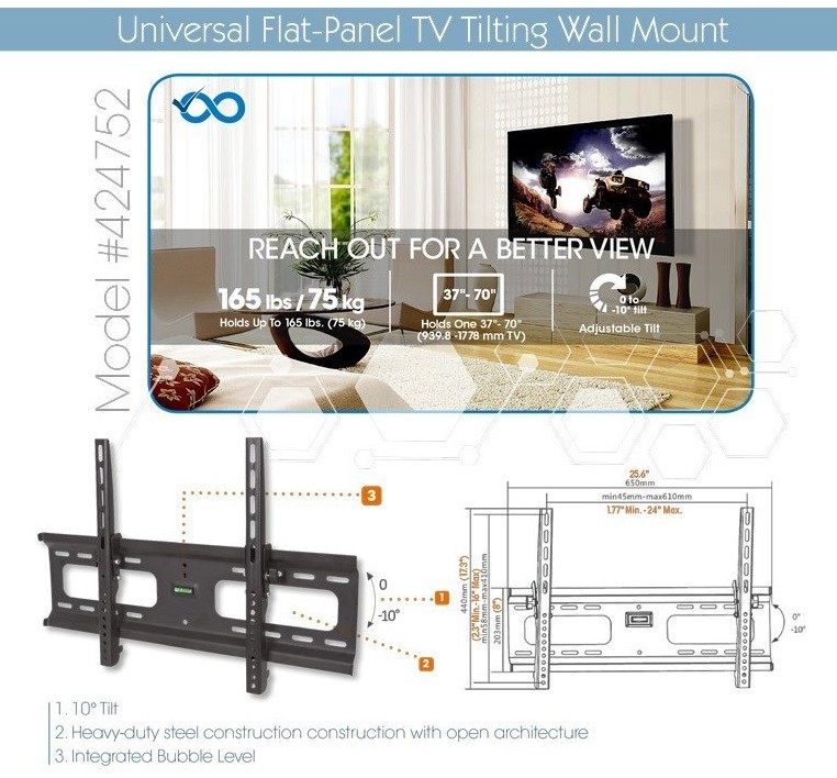 Universal 37"-70" Flat Panel TV Tilting Wall Mount, 165-lbs Manhattan 424752