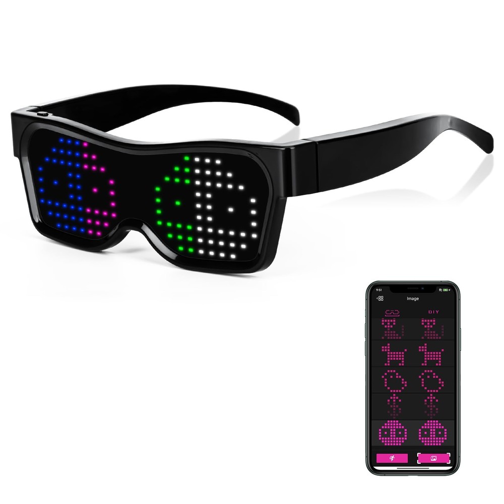 Customizable LED Glasses with App Control, DIY Graffiti, Fixed Multi-Color Di...