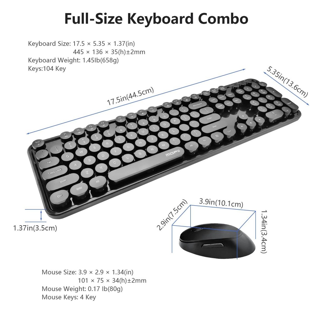 Wireless Keyboard and Mouse Combo, Retro Typewriter Style Keyboard with Round...