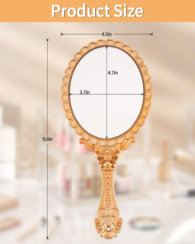 Vintage Handheld Mirror with Handle - Gold, Travel Size