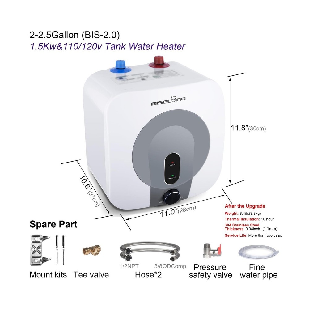 110V-120V 1440-1500W Small Under Sink Tank 2.5 Gallon Water Heater Hot Storag...