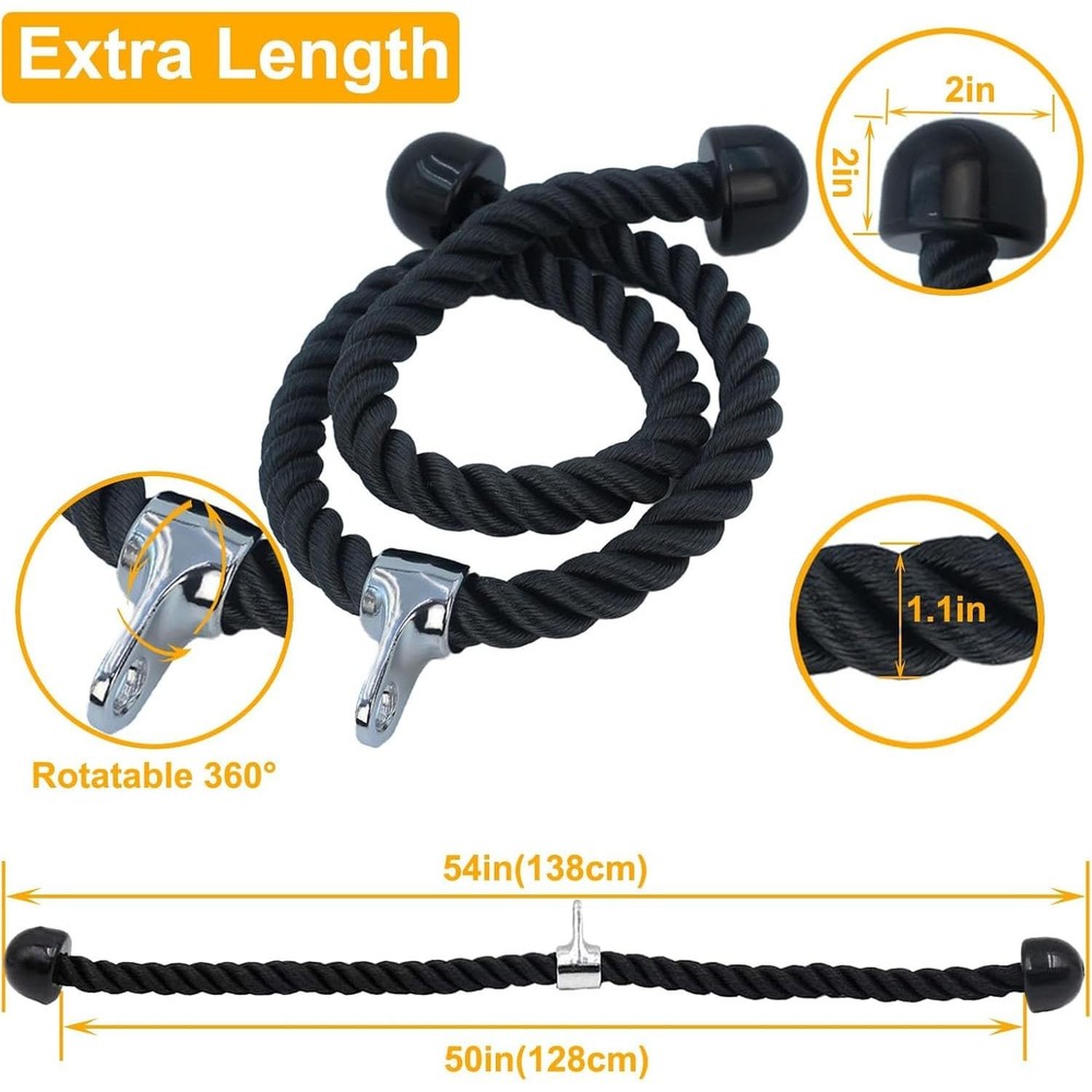 Double Length Tricep Pull Down Rope - 54 Inches Attachment for Cable Machine