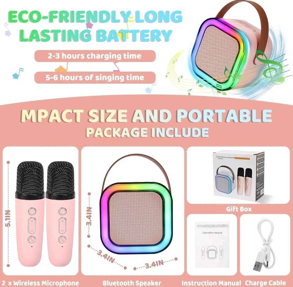 Wireless Mini Karaoke Machine 2 Microphones Bluetooth Speaker Lights
