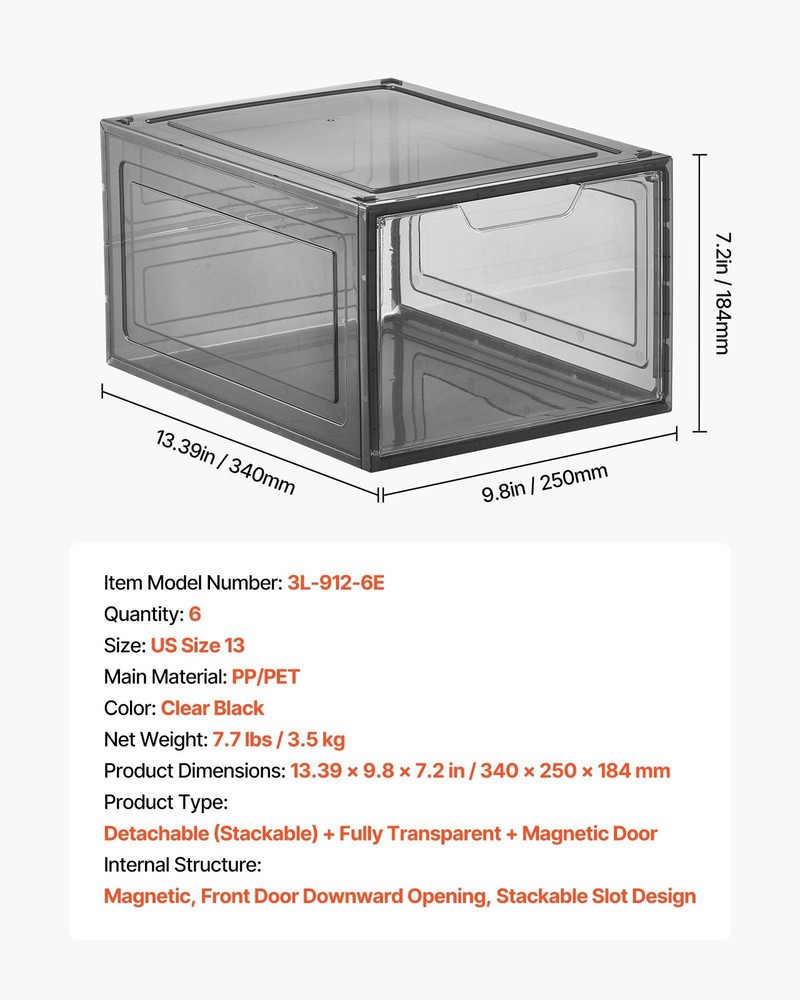 Stackable Shoe Boxes 6-Pack - US Size 13 Transparent Black Storage