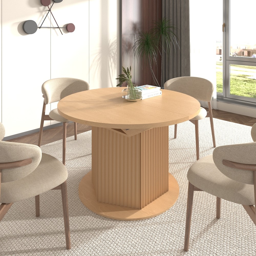 Round Extendable Dining Table for 6 MDF Wooden Kitchen Table with Hexagonal
