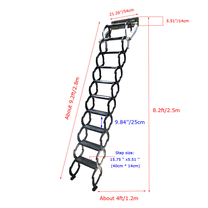 Wall Mounted Telescoping Attic Loft Ladder Stairs, 12Steps Pull Down Loft Stair