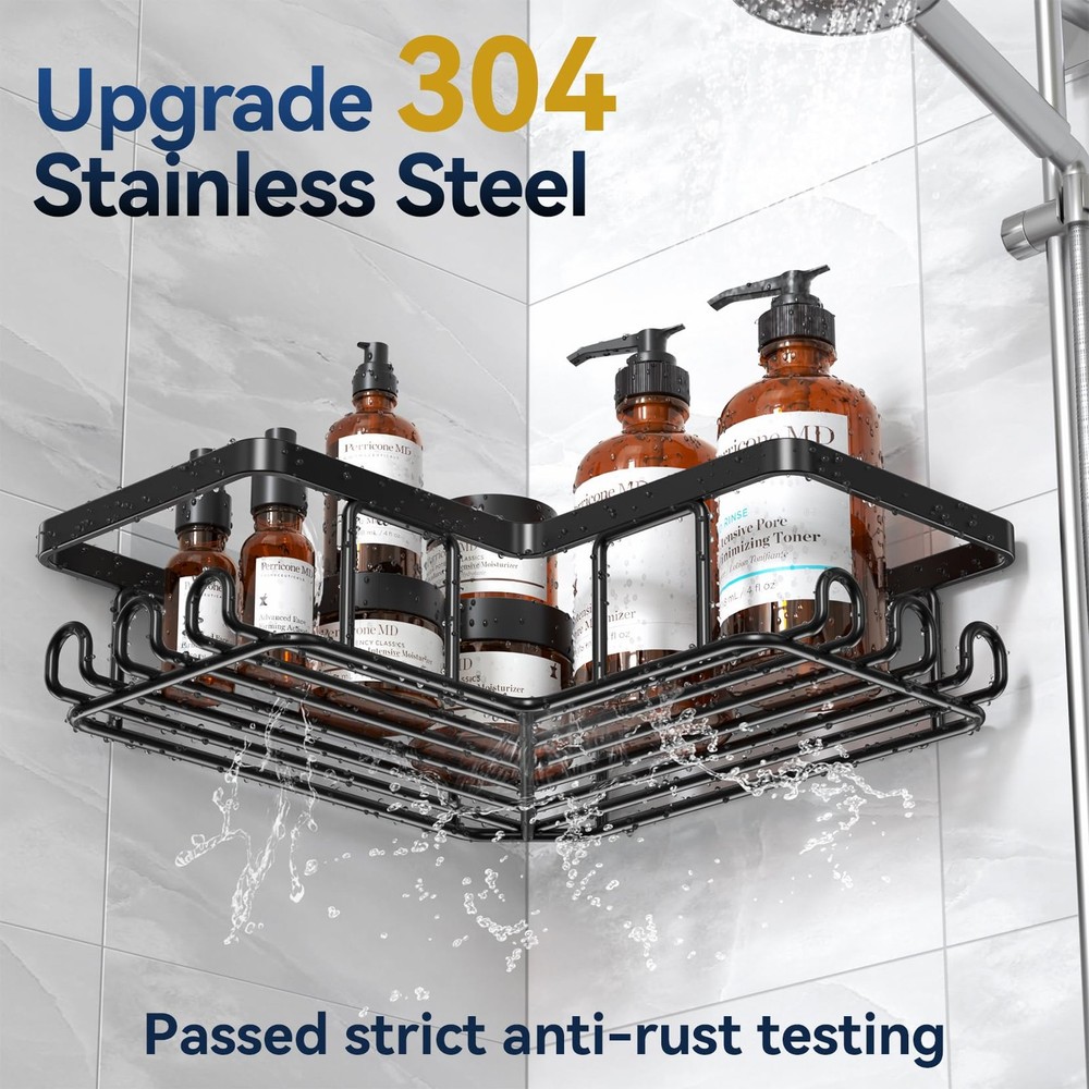 Corner Adhesive Shower Caddy, with Soap Holder and 12 Hooks, Rustproof Stainl...