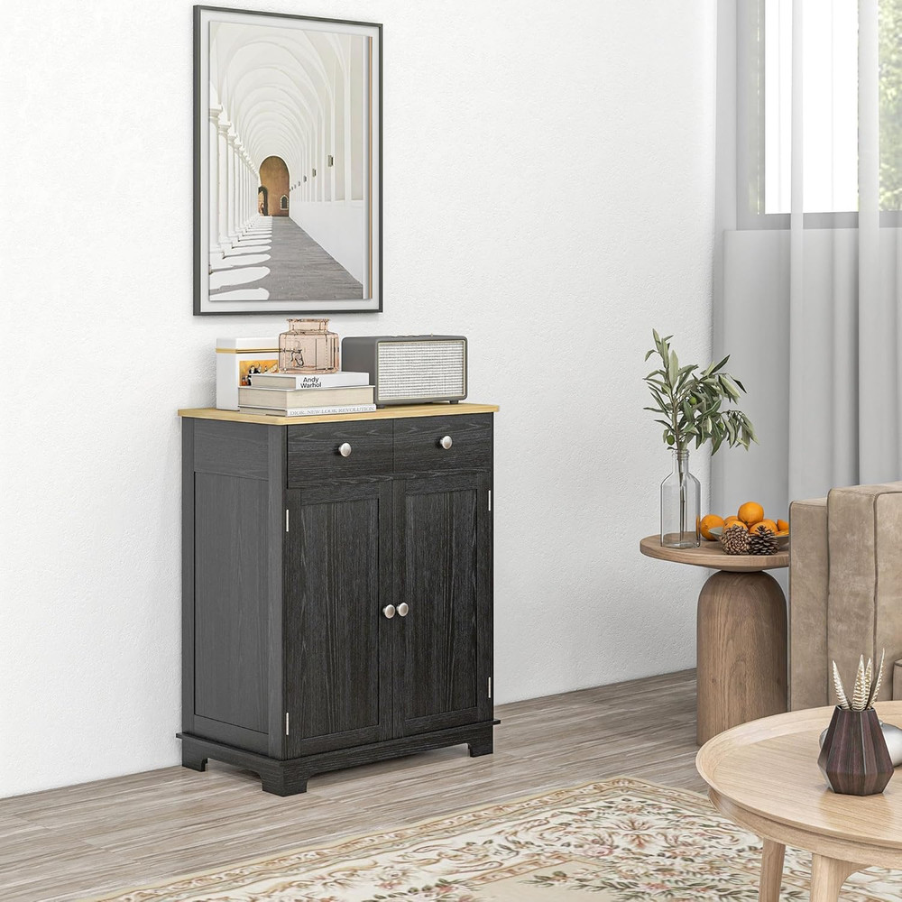 Modern Distressed Black Sideboard Buffet Cabinet with Solid Wood Top & Storage