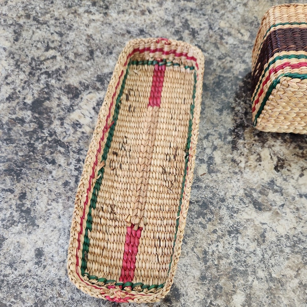 Vintage Sewing Storage Basket Woven Rectangle Lid