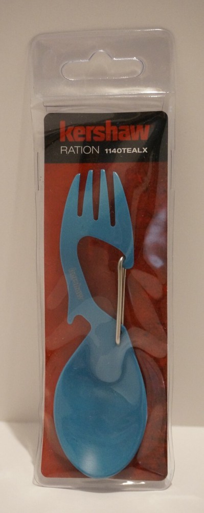 Kershaw Ration Fork / Spoon Combo, Bottle Opener, Carabiner, Teal Blue, Compact