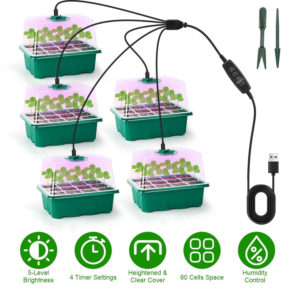 5 Pack Seed Starter Kit with Light, Seedling Starter Trays w/ Timing Controller