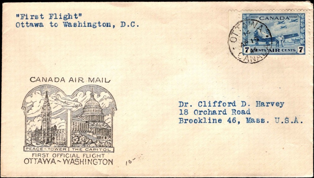 First Flight Ottawa Canada to Washington DC Airmail Cover