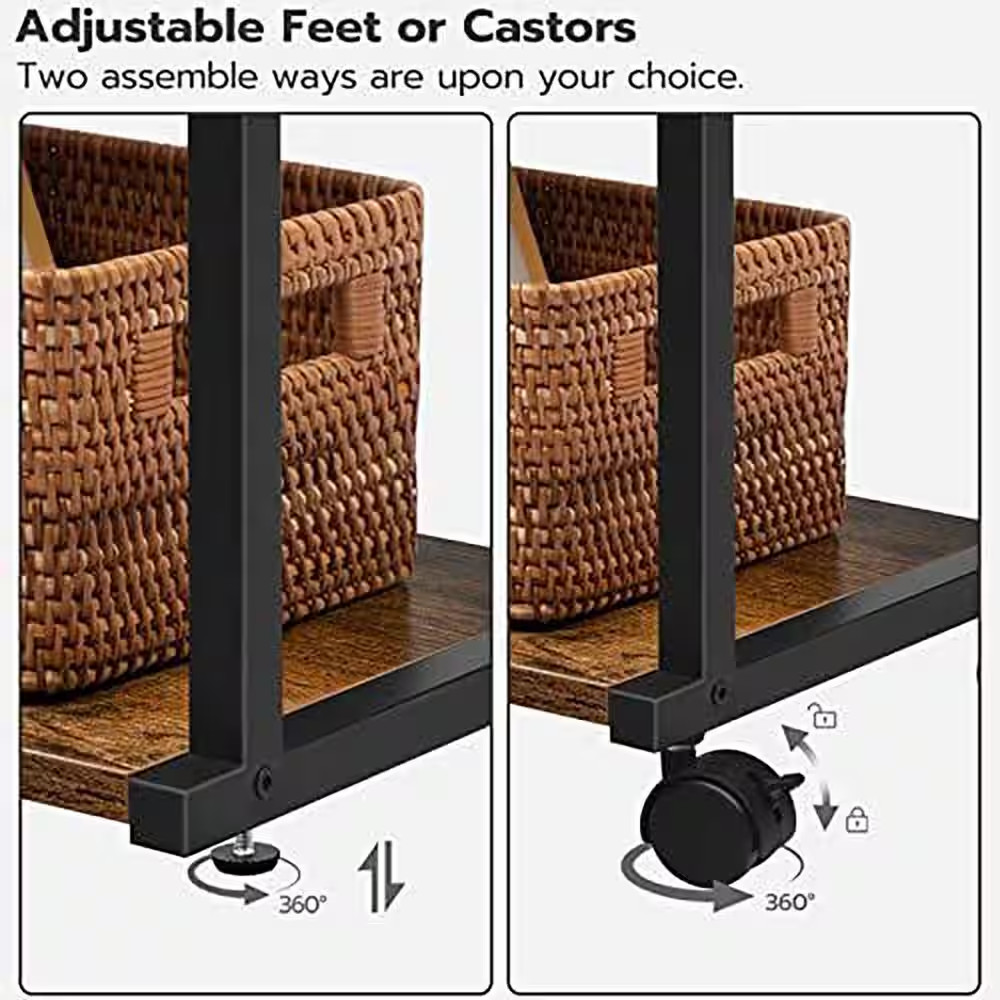 3-Tier Rolling Printer Stand with Charging Station and Adjustable Shelf, Rustic