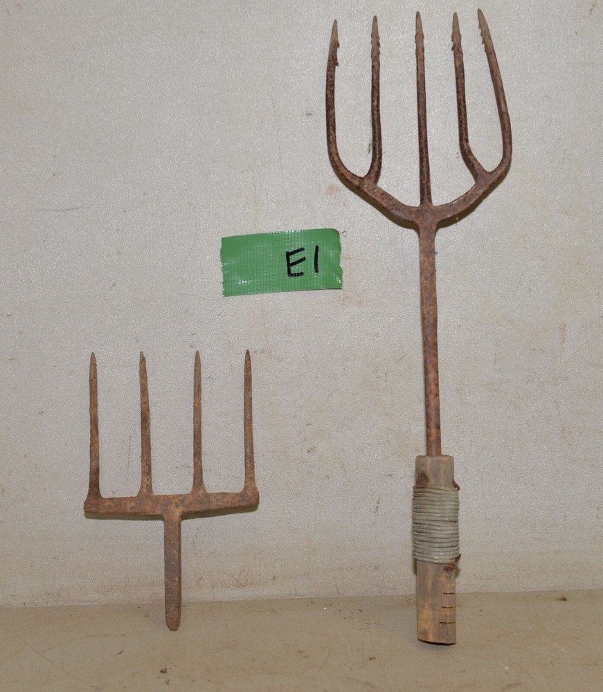 2 antique blacksmith forged tools eel frog fish gig spear & fork collectible E1