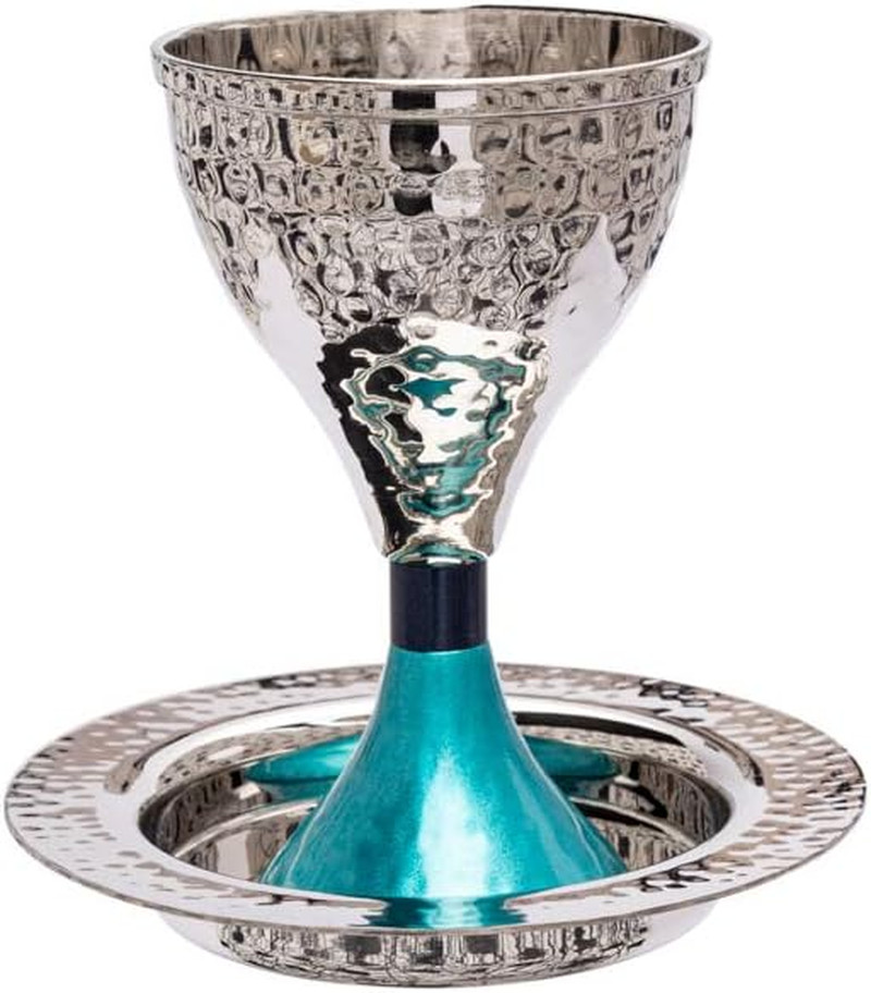 Hammered Modern Kiddush Cup with Turquoise Base - Elegant Judaica Gift