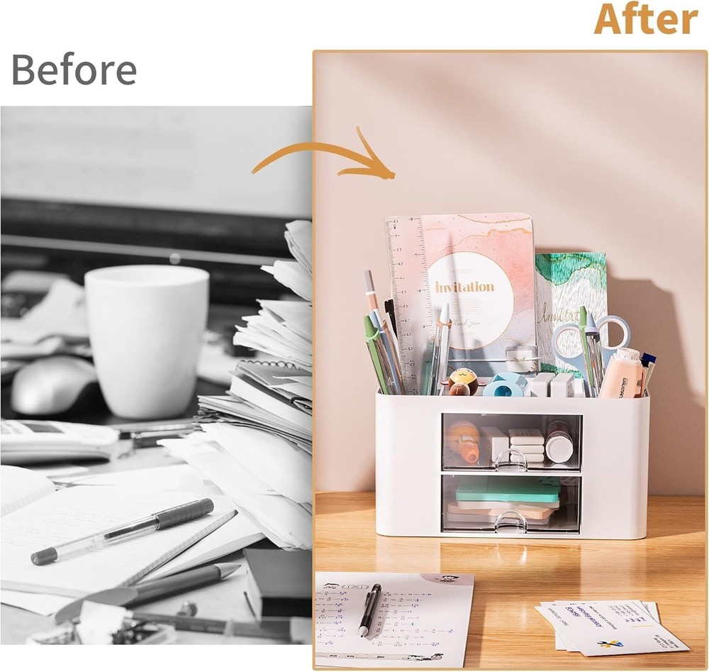 Multi-Functional White Plastic Pen Holder with Drawers for Tidy Workspaces