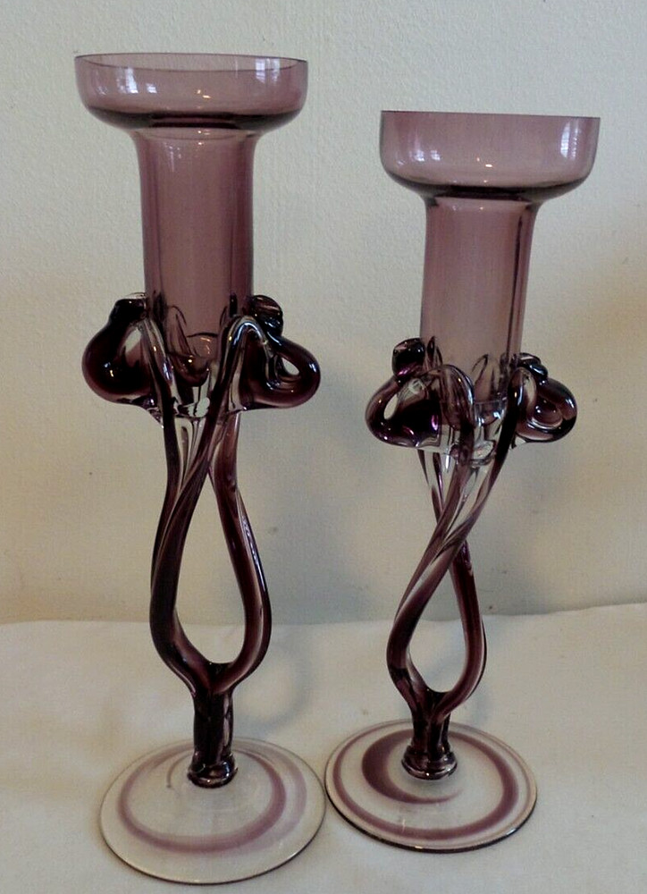 TWO MODEREST AMETHYST ART GLASS CANDLESTICKS SWIRL PATTERN WITH TWISTED DESIGN