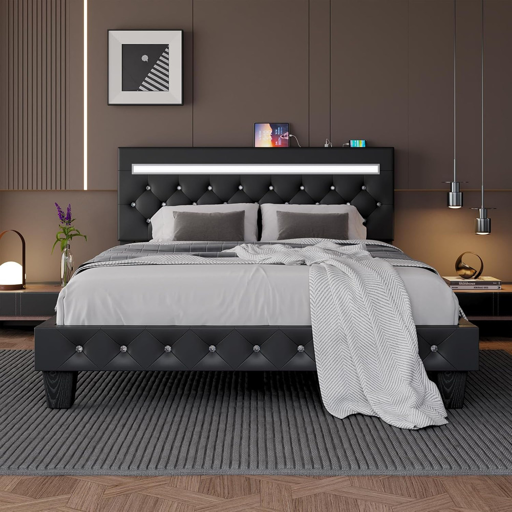 Full Size Bed Frame with LED Lights, Upholstered Platform Bed Frame, Faux Leathe