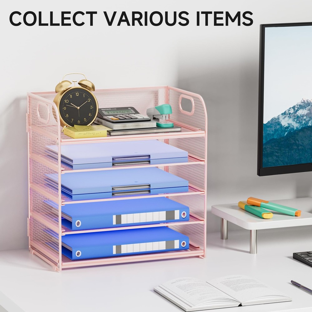 5Tier Stackable Paper Organizer Handle Pink Metal Mesh Letter Tray Sorter