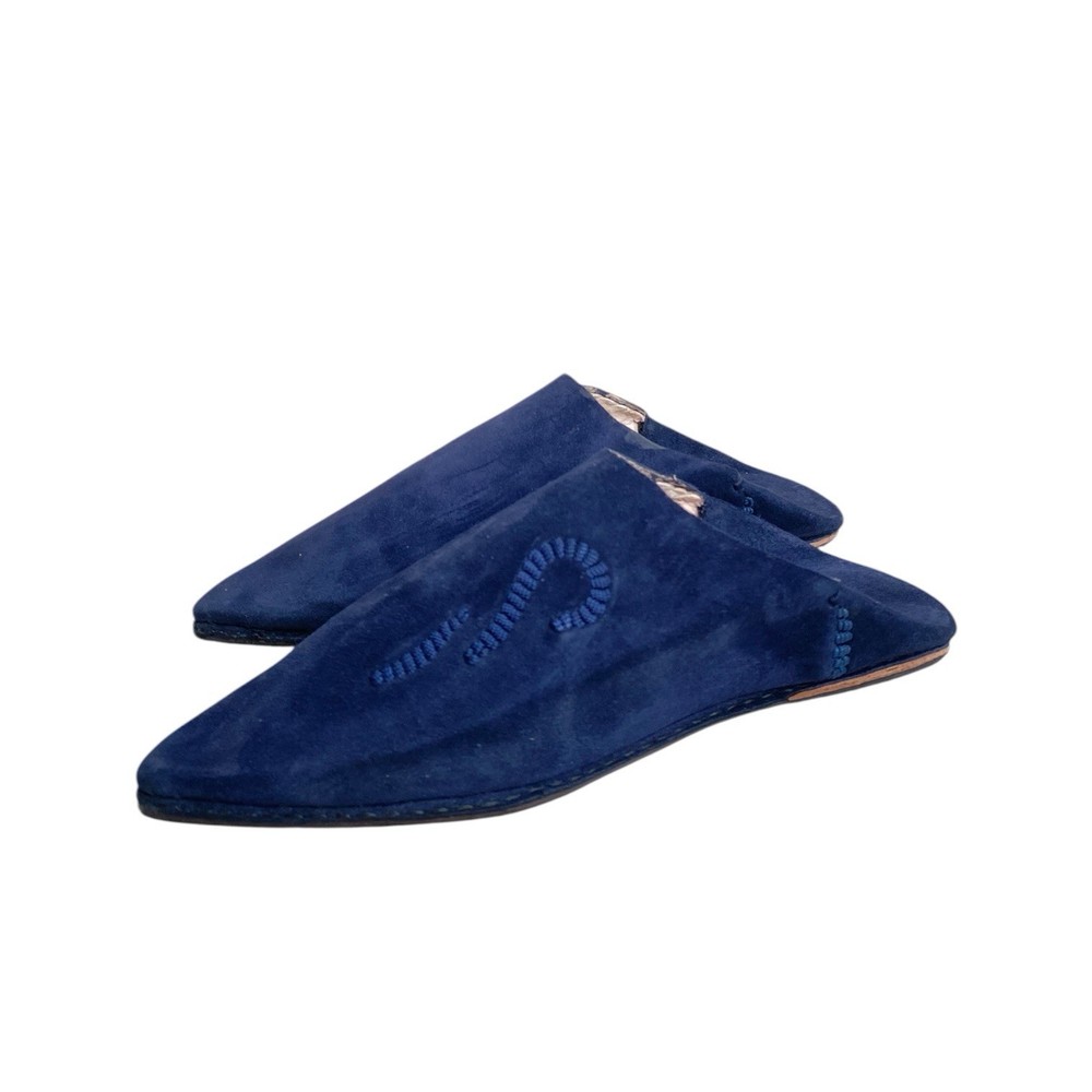 Blue Suede Moroccan Babouches Pointed Toe Hand Embossed Handmade