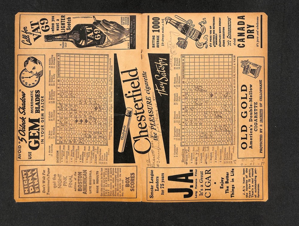 1938 BOSTON BEES vs BROOKLYN DODGERS scorecard