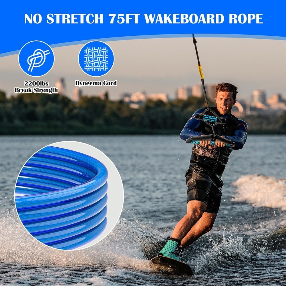 Dyneema 75FT Wakeboard Rope & Handle, No Stretch, Floating T-Handle Ropes