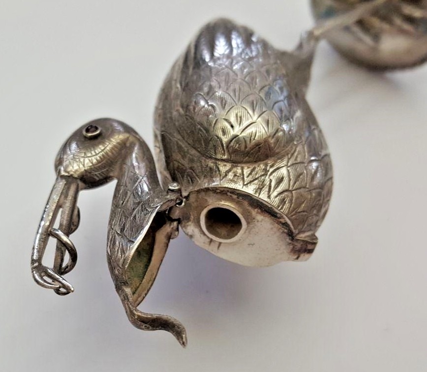 UNIQUE DUTCH 15" L 833 SILVER SERVING FORK WITH HERB SHAKER STORK FIGURINE