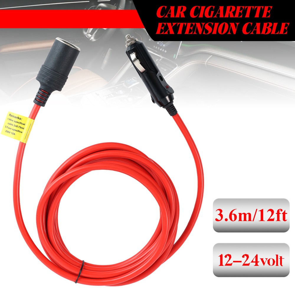 12ft Cigarette Lighter Extension Cord Cable DC Power Heavy Duty Socket Plug 12V