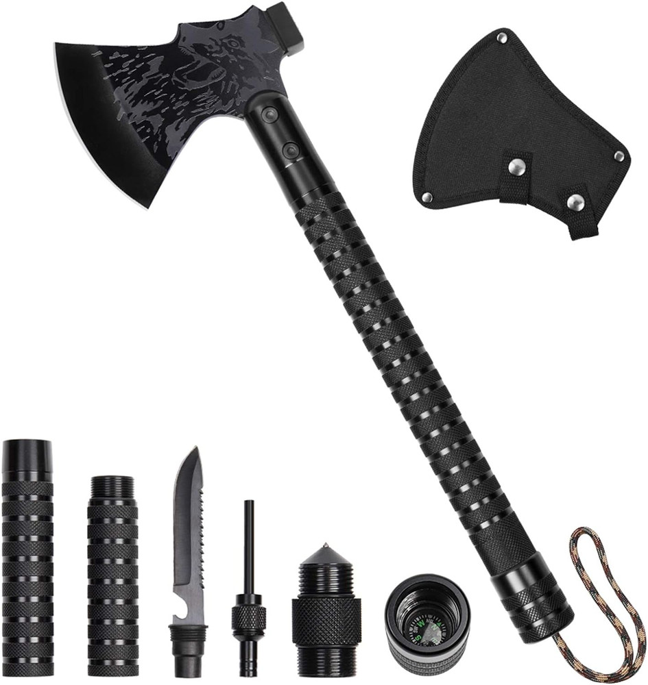 Survival Camping Axe, Folding Tactical Axe Hatchet with Hammer, Nylon Sheath for