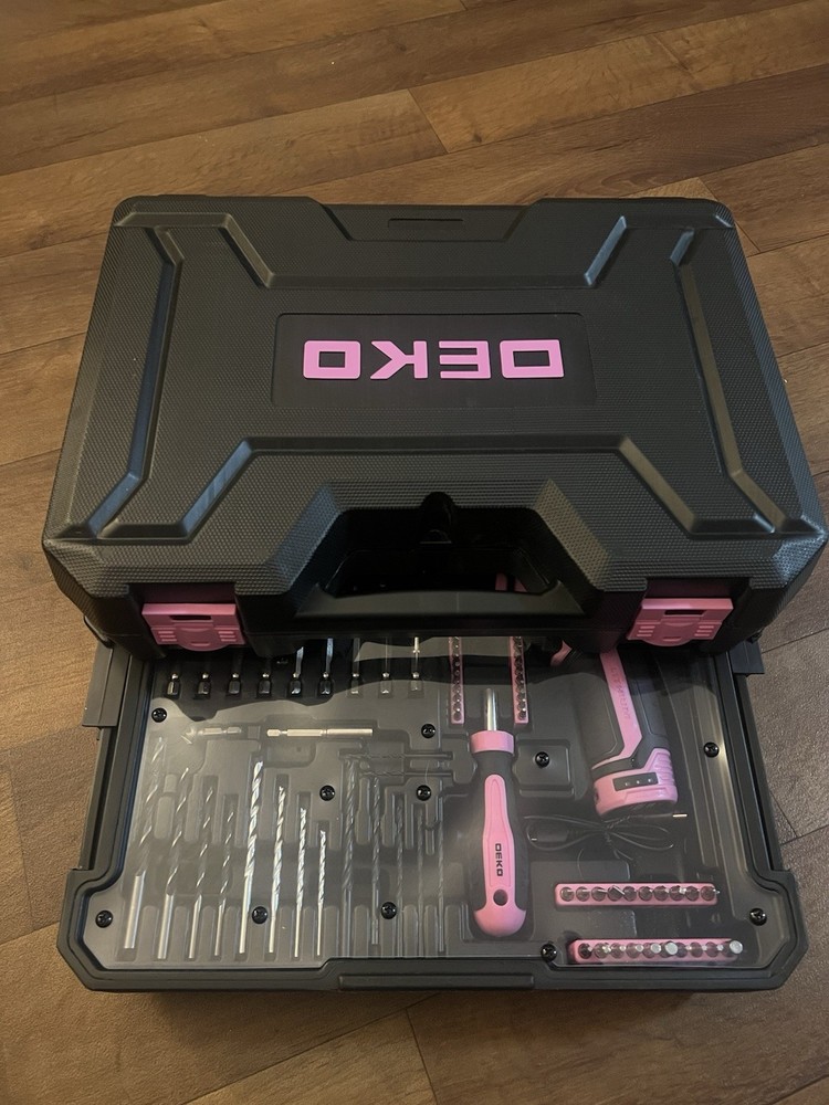 Pink Tool Kit Box Drill Set:DEKOPRO Home Mechanic Toolbox with 12V Power