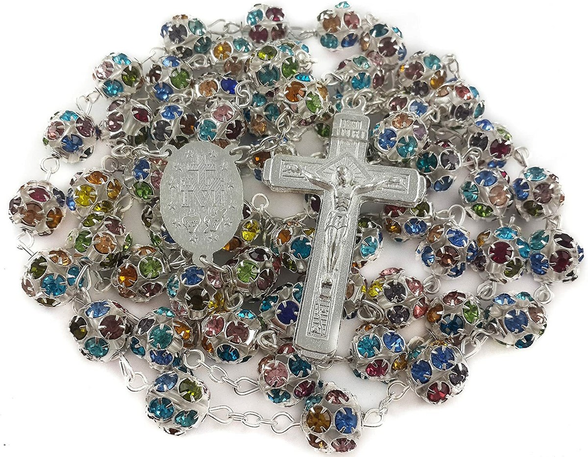 Colorful Zircon Beads Silver Rosary Catholic Necklace Miraculous Medal Cross