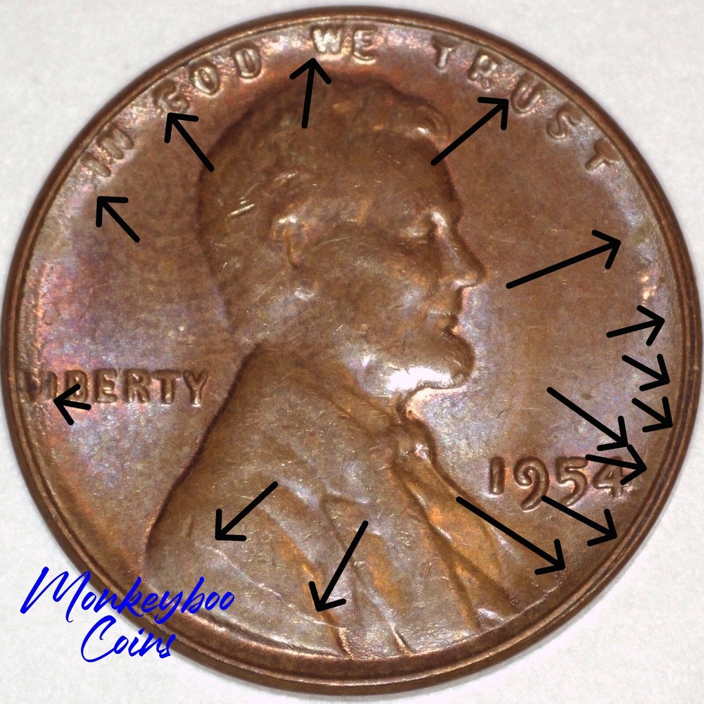 1954 Lincoln Wheat Cent - Spiked Head + Chips + Collar Clash + -Rare Error Coin