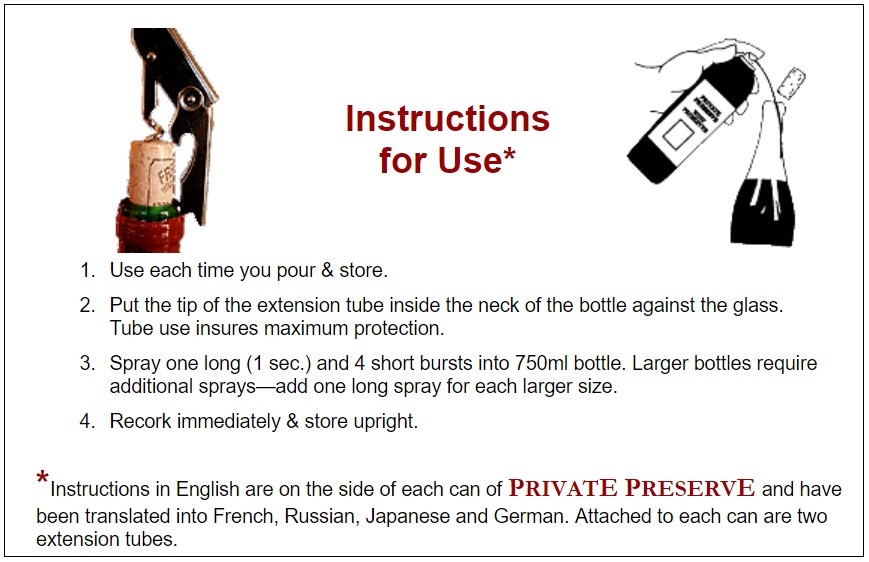 PRIVATE PRESERVE WINE PRESERVER INERT GAS AEROSOL WINE BOTTLE SPARGING SYSTEM