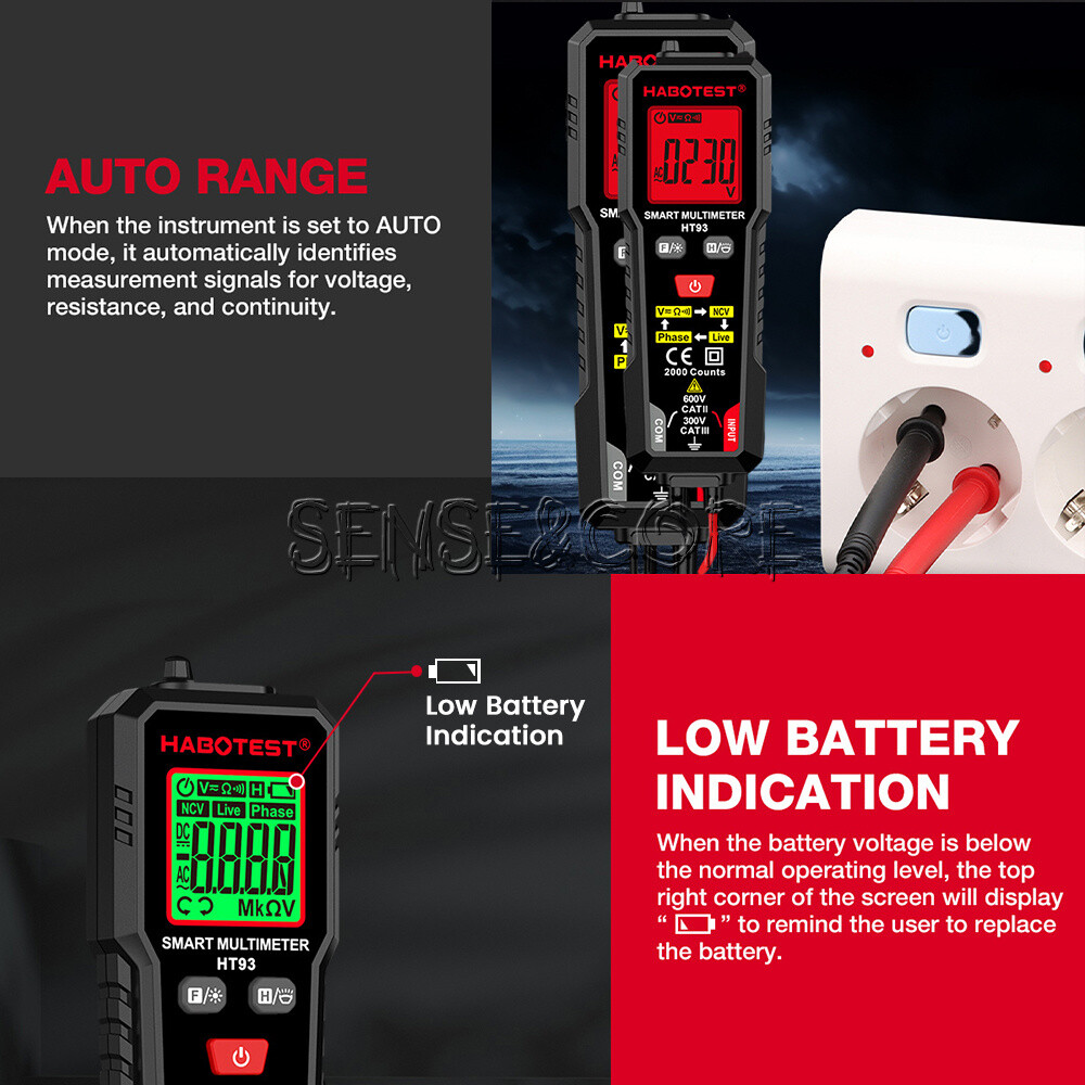 HT93 Digital Multimeter Smart Meter 2000 Counts AC Voltage NCV Tester Car Range-