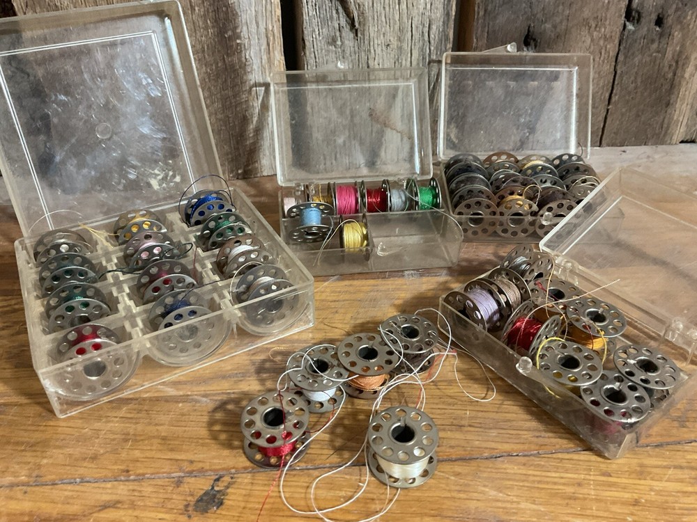 Large Lot - 49 Sewing Machine Metal Bobbins w/ Cases Thread