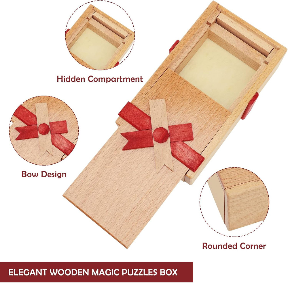 Puzzle Box with Hidden Compartment, Challenging Wooden Magic Trick Lock Boxes fo