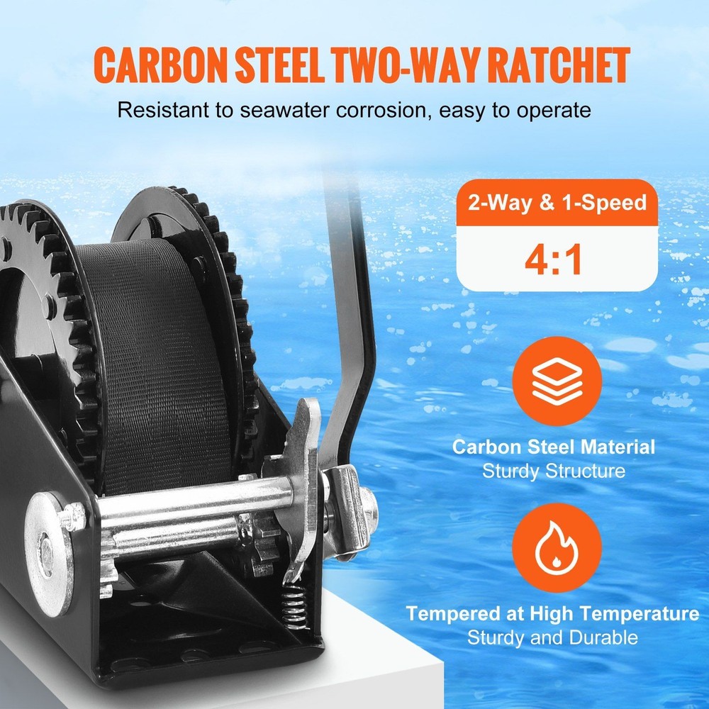 Robust Hand Crank Winch 2000lb 23ft Polyester Line Secure Hook