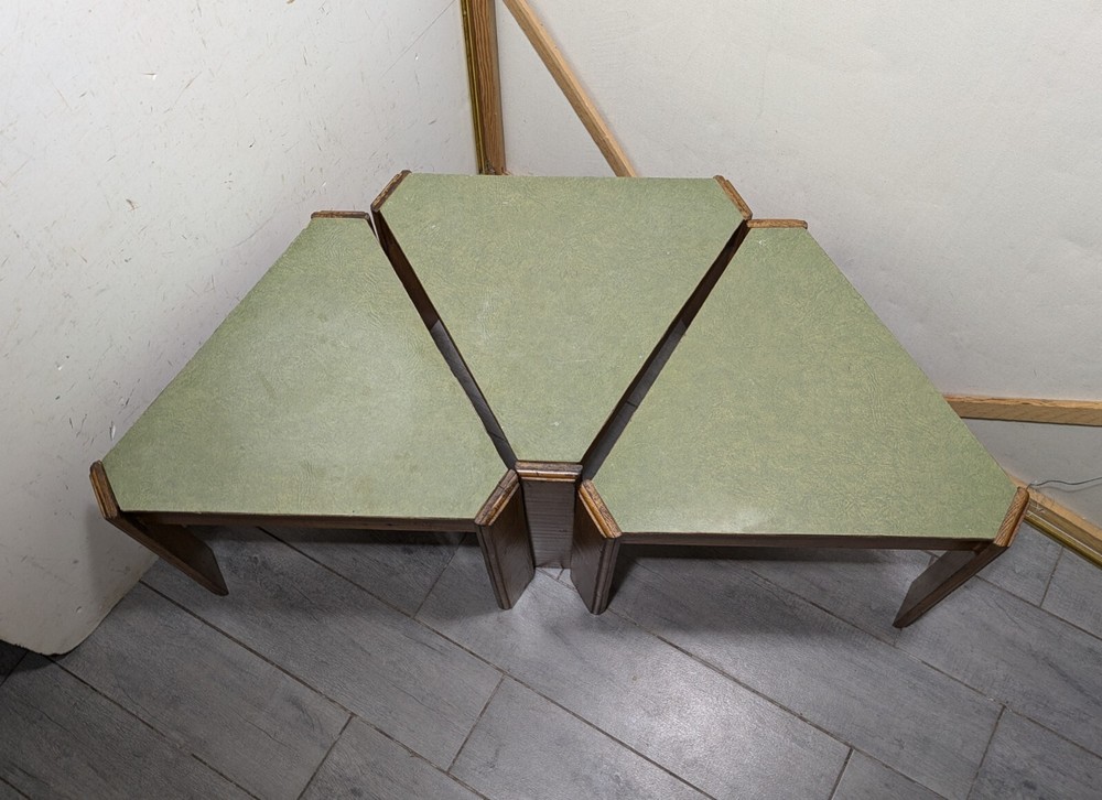 Vintage Set of 3 Mid Century Modern Triangular Wood Stacking Nesting Tables