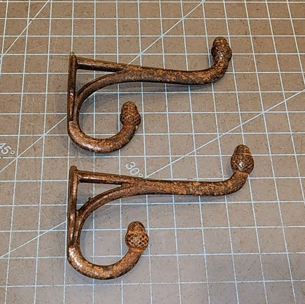 2 Antique Cast Iron Acorn Tip Double Coat Hat Hook - gwKK