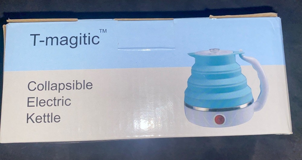 T-magitic Collapsible Electric Kettle Lt Blue 110V 2.35 Cups w/Carry Case NEW!