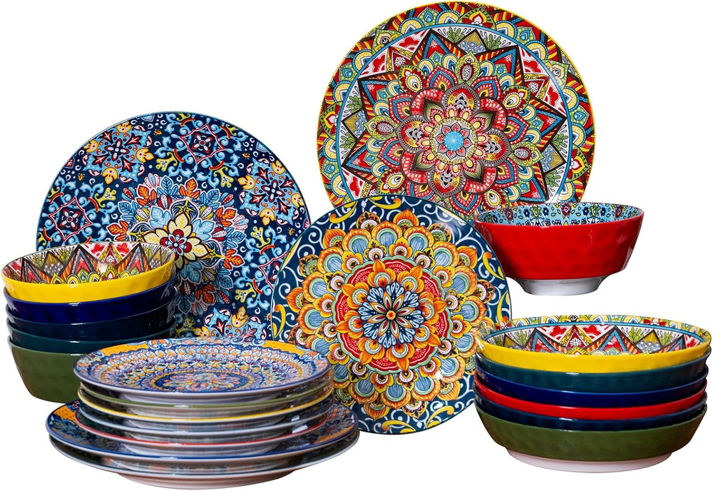 24 Pieces Dinnerware Sets, Ceramic Plates and Bowls Set, Microwave and Dishwashe