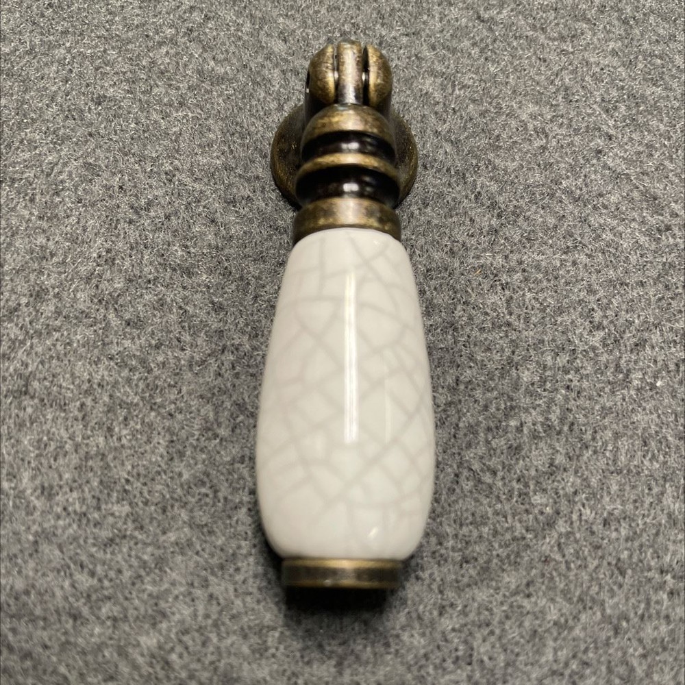 Teardrop Pendant Drop Pull - Crackel White Ceramic & Antique Brass
