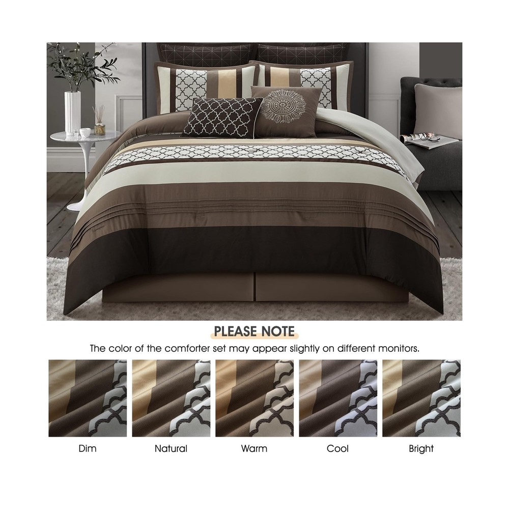 Queen Comforter Set, Brown Bedding Set, Jacquard Woven with Geometry, 8 Piece...