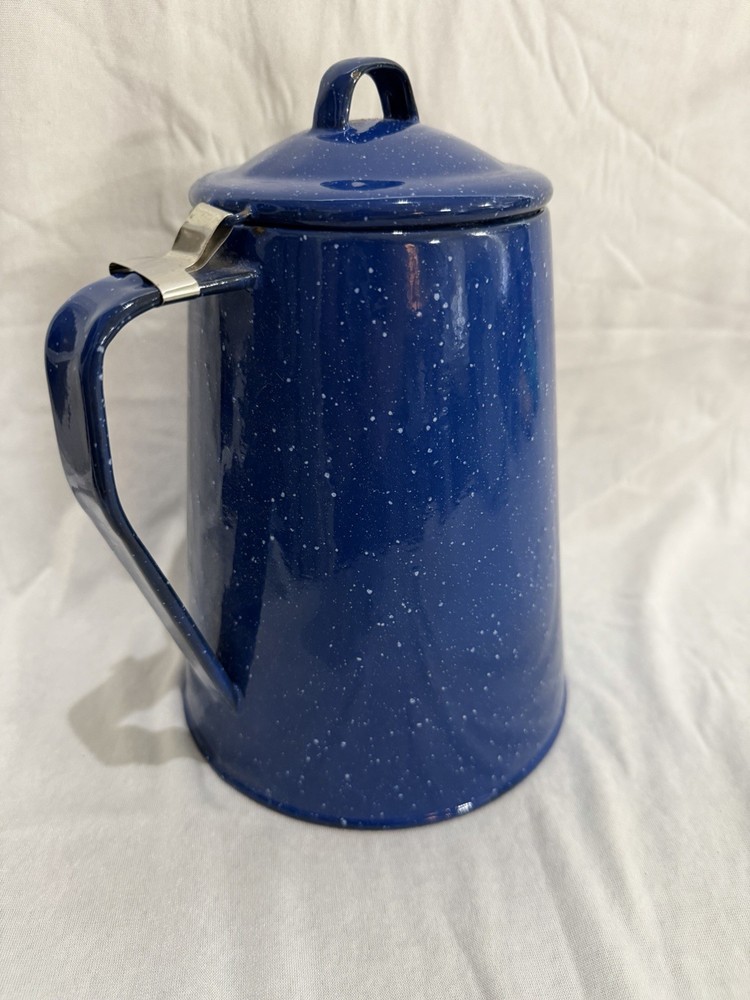 Vintage Blue & White Speckled Enamel Coffee Percolator Pot Kettle Complete