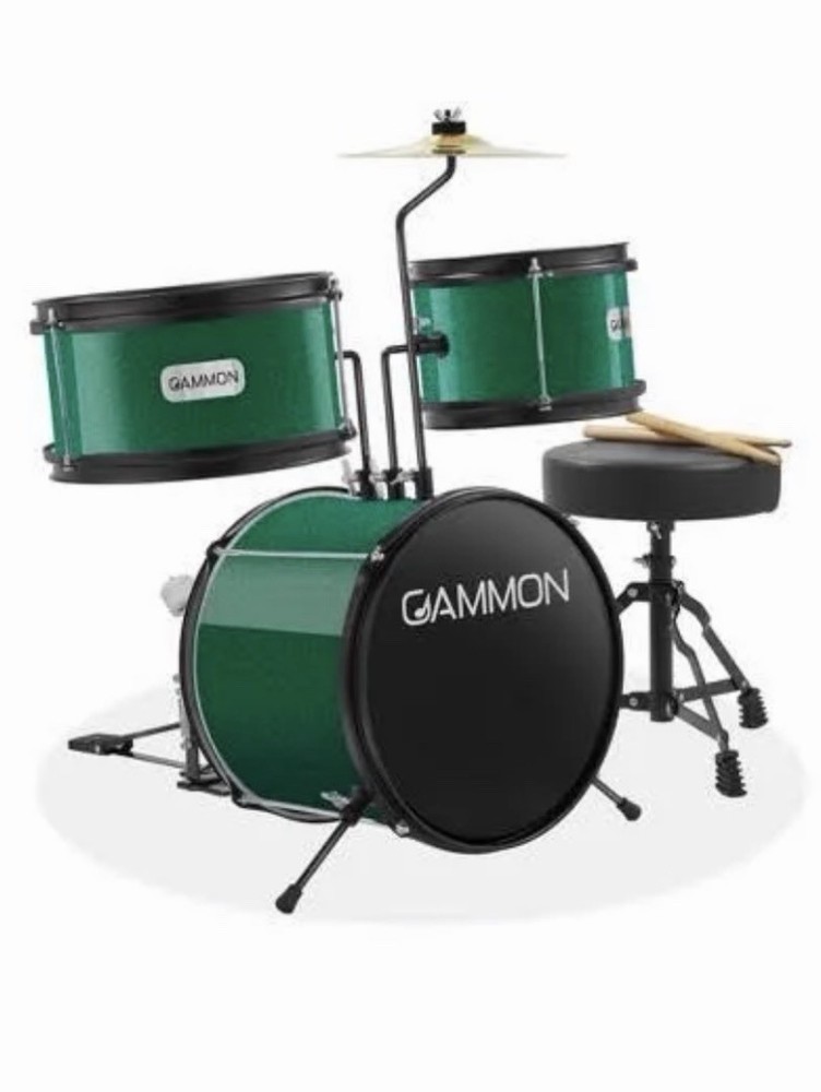 Gammon 3-Piece Junior Drum Set with Throne Green Complete Beginner Kit